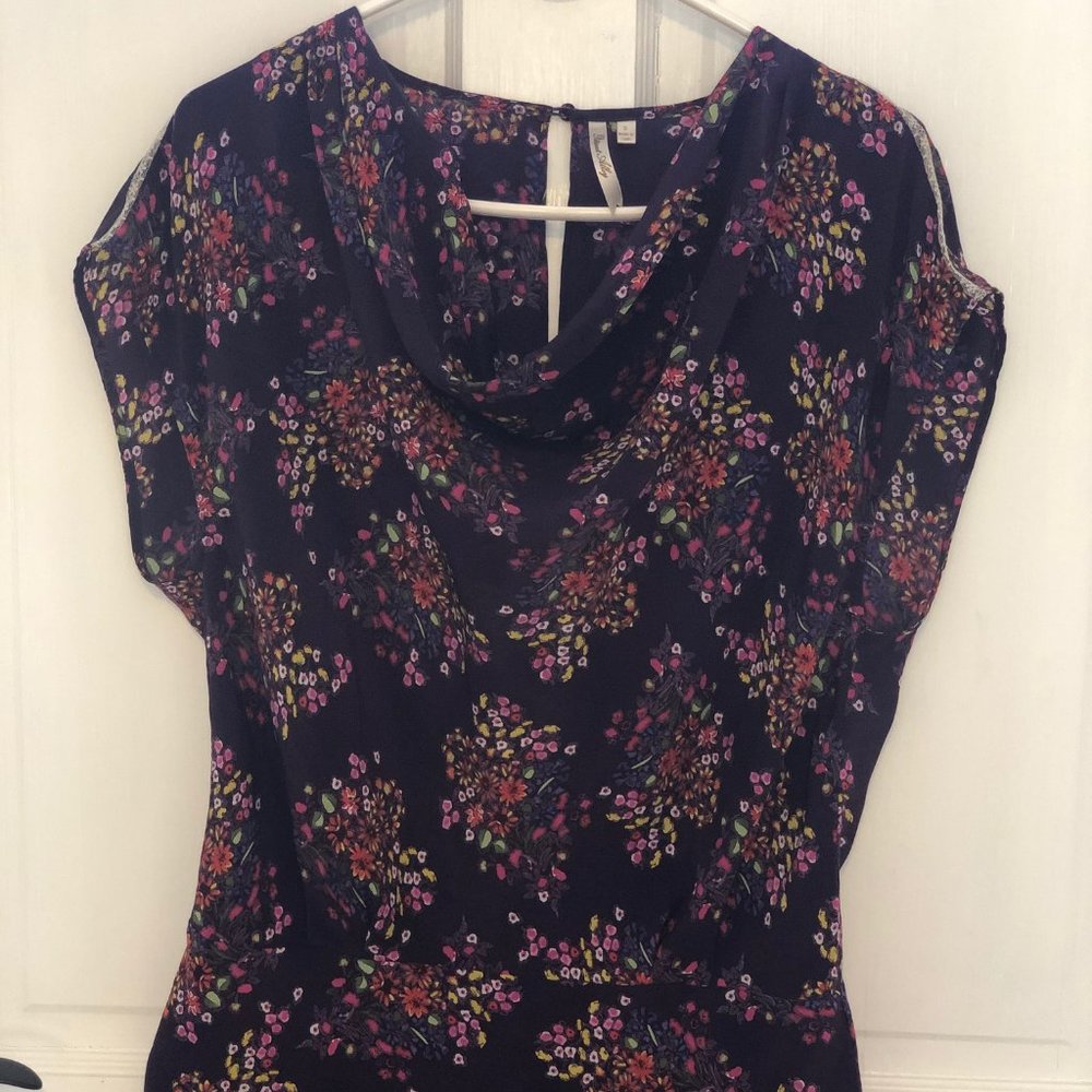 Women's silk cowl neck blouse, 100% silk, lace detail, purple, floral, Size S